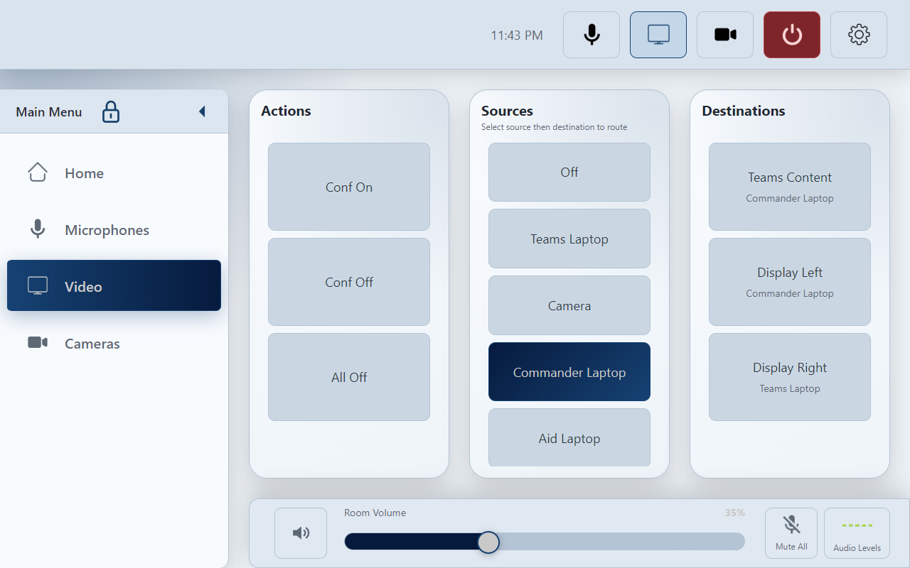 Example: Commander Laptop is selected; Display Left reports Commander Laptop beneath its name.