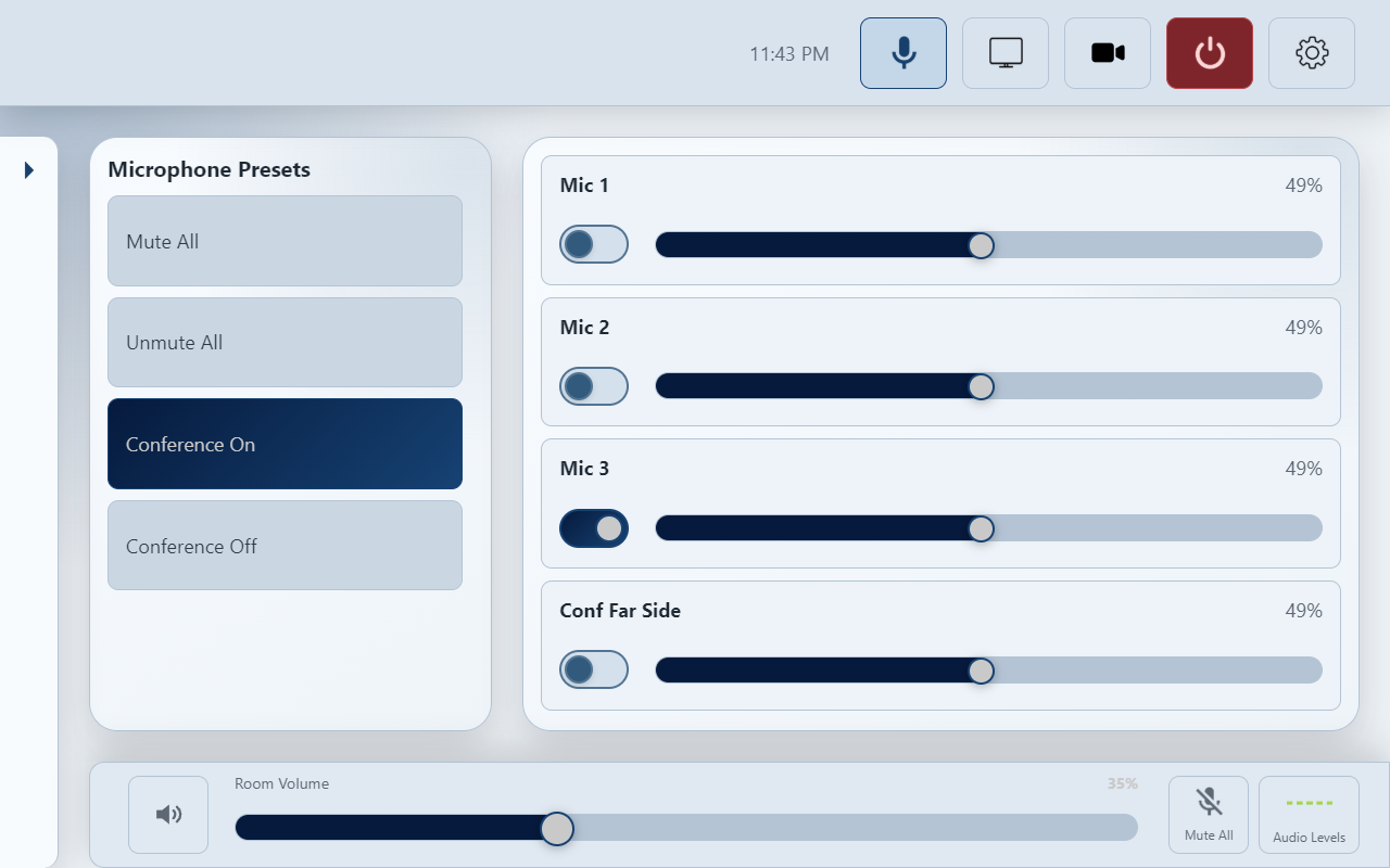 Microphones page with MAIN 0.08 labels. Mic 3 is shown muted as an example, not a live status reading.