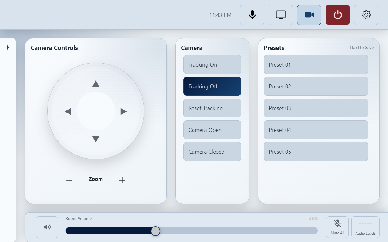 Cameras page: directional controls at left; Tracking On/Off, Reset Tracking and Camera Open/Closed in the middle; Preset 01–05 at right.