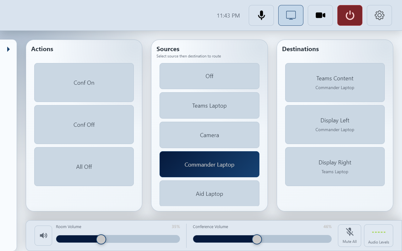 Conference mode example: the bottom bar shows Room Volume and Conference Volume side by side.