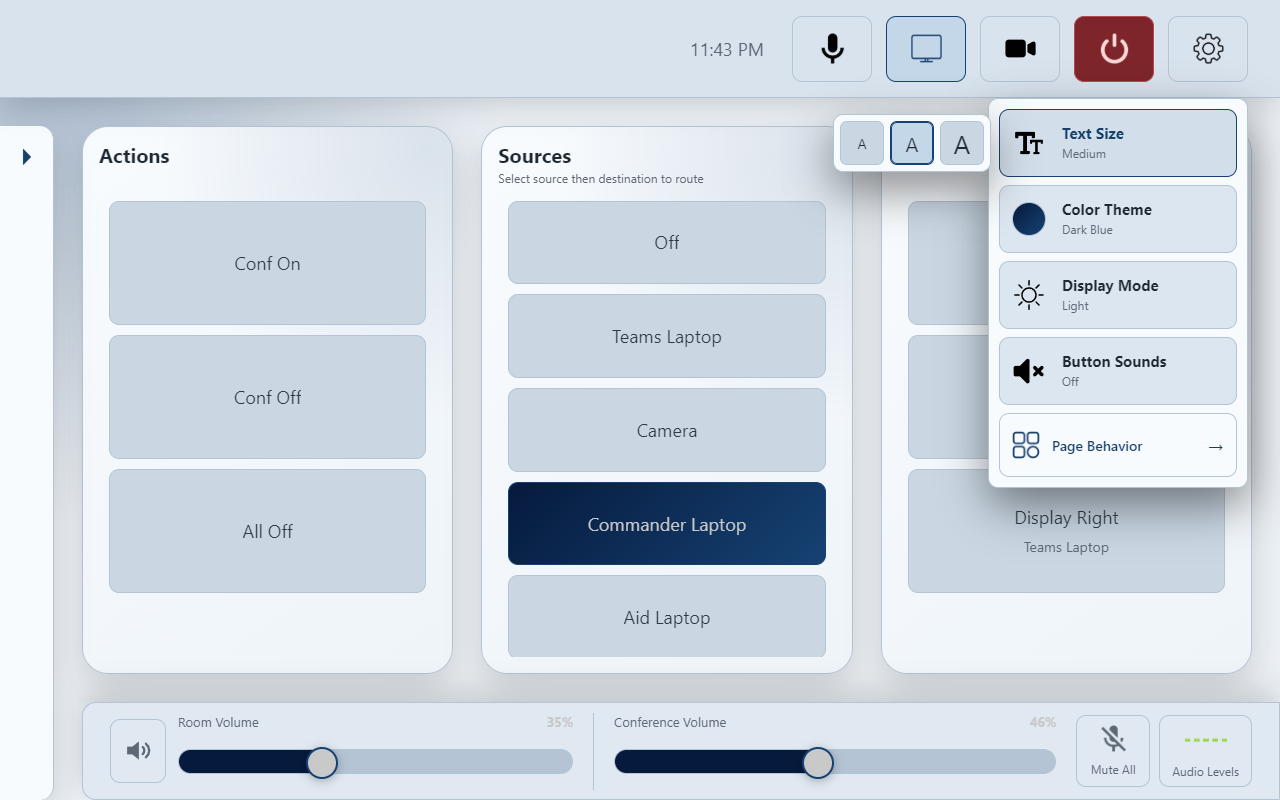 Touch the gear icon, then Text Size to reveal Small, Medium and Large choices.