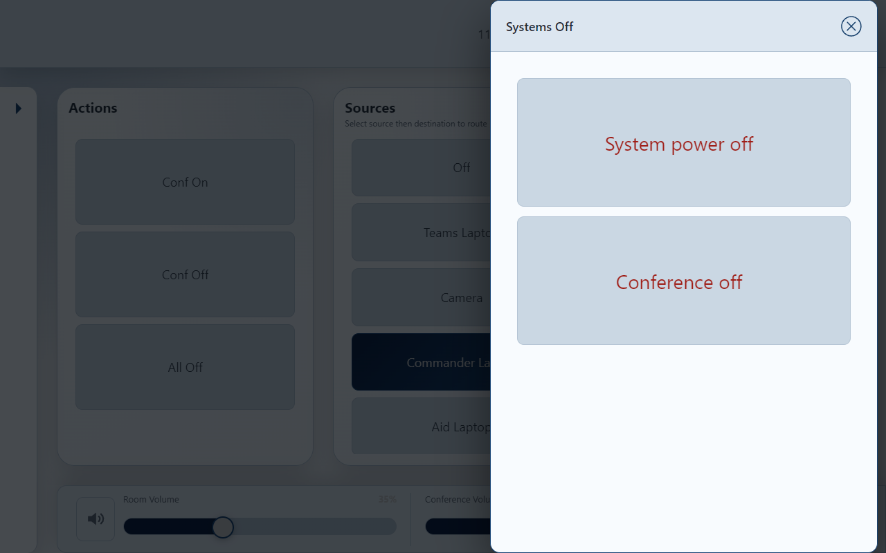 Systems Off popup. Conference off appears only when the room controller enables it.