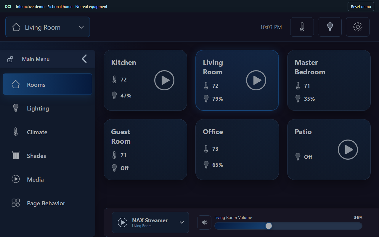DCI control panel with fictional room controls